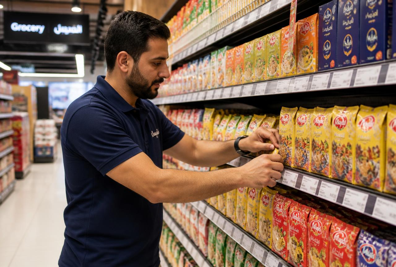 Merchandiser facing products on a modern trade shelf in Oman
